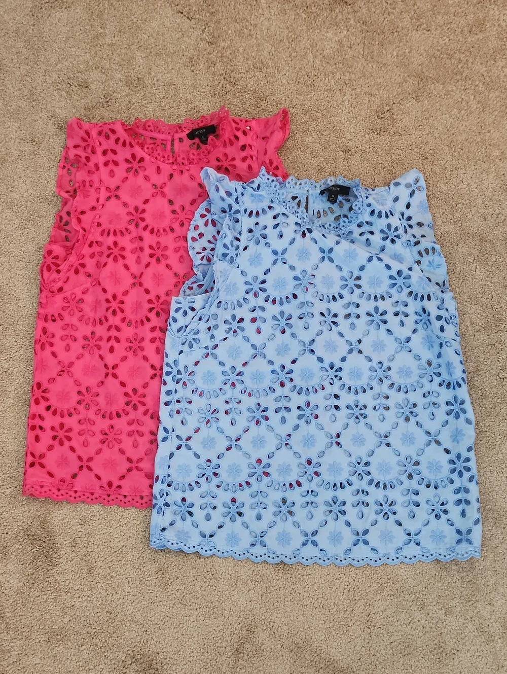 Pair (2) J. Crew Sleeveless Ruffle Floral Eyelet Tops Pink Blue S Cottagecore